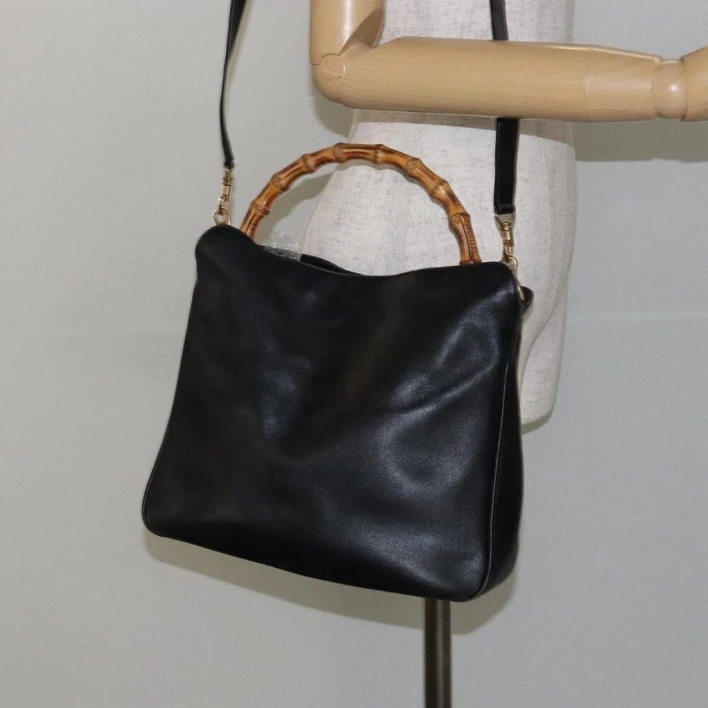 GUCCI Bamboo Hand Bag Leather Black Gold